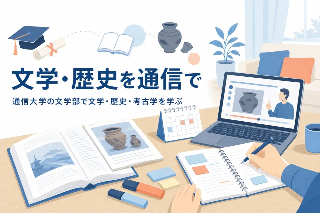 文学部のある通信大学で、文学・歴史・考古学を学べる大学の探し方を紹介する記事のアイキャッチ