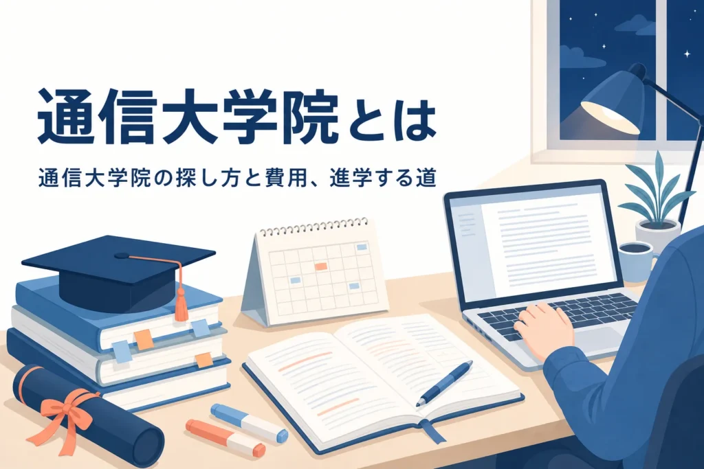 通信大学院の仕組み、一覧の探し方、費用、通信大学から進学する道を紹介する記事のアイキャッチ