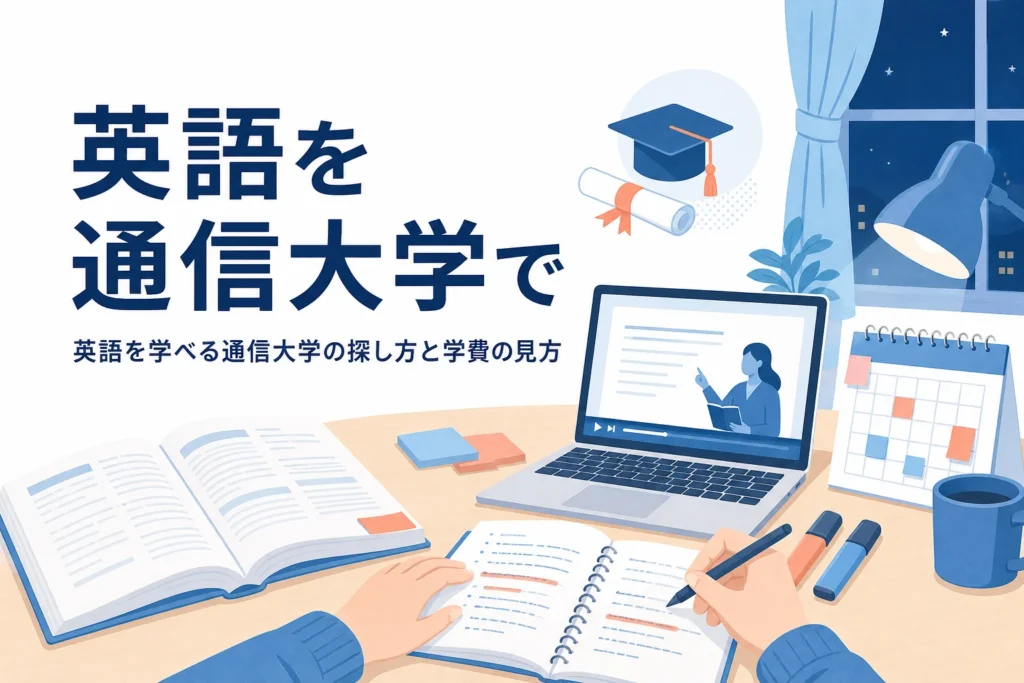 英語を学べる通信大学の目的別の探し方と学費の見方を紹介する記事のアイキャッチ