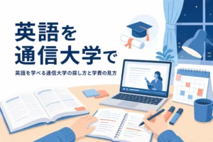 英語を学べる通信大学の目的別の探し方と学費の見方を紹介する記事のアイキャッチ