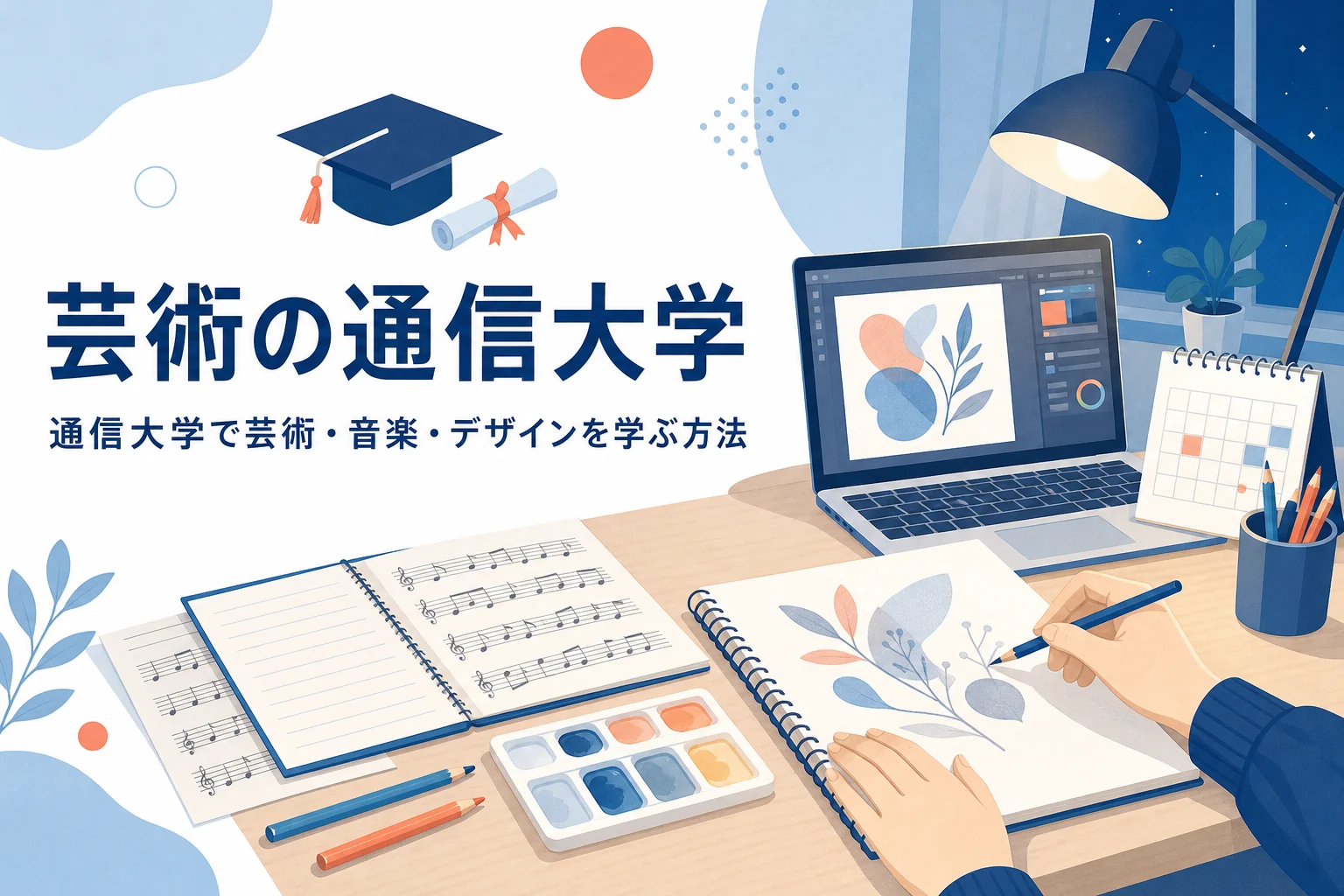 通信大学で芸術・音楽・デザインを学ぶ方法と大学の選び方を紹介する記事のアイキャッチ