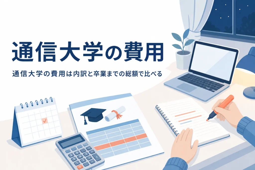 通信大学の費用を、学費の内訳と卒業までの総額で比べる記事のアイキャッチ