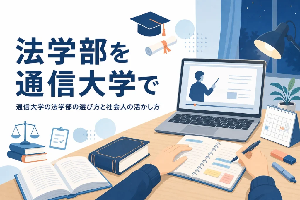 法学部のある通信大学の選び方と、法律を学ぶ社会人の活かし方を紹介する記事のアイキャッチ