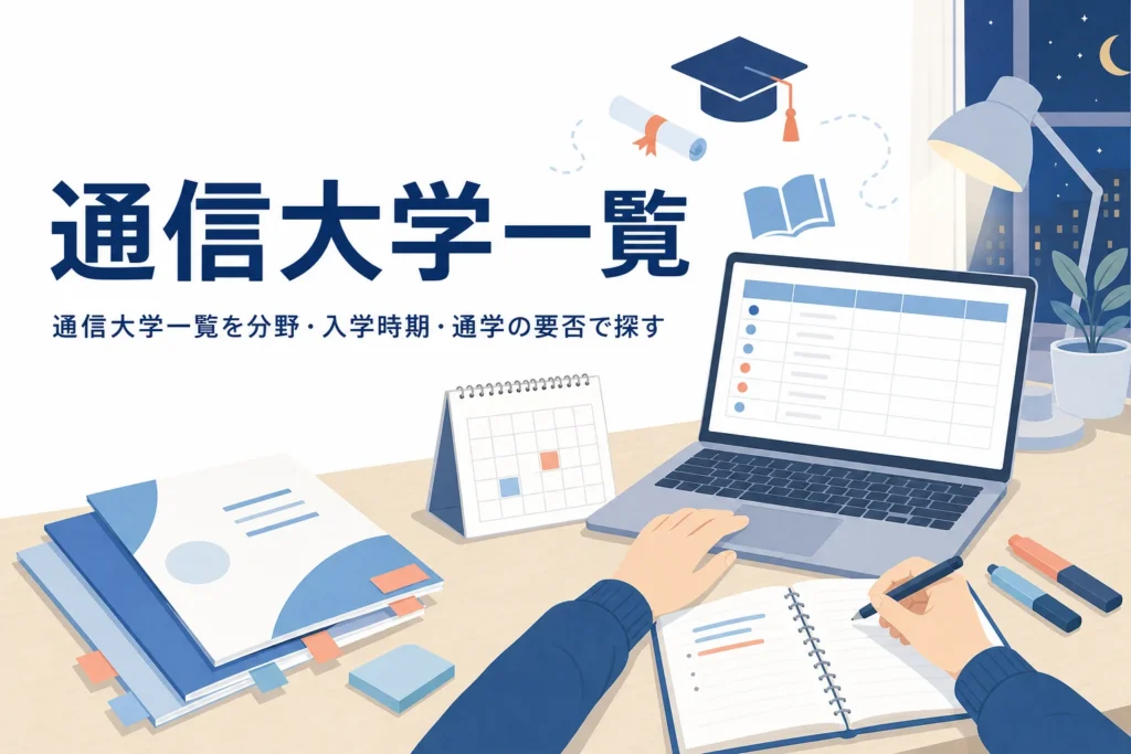通信大学一覧を、分野・入学時期・通学の要否・資格の4つの軸で探す記事のアイキャッチ