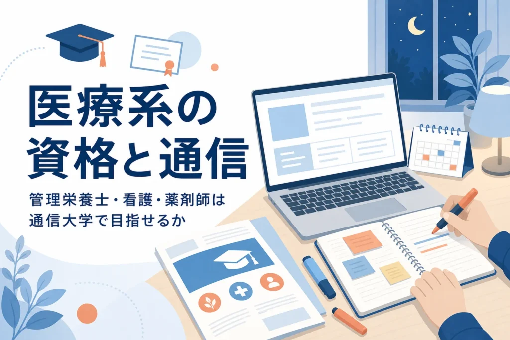 管理栄養士・看護師・薬剤師を通信大学で目指せるかと、代わりの道を紹介する記事のアイキャッチ