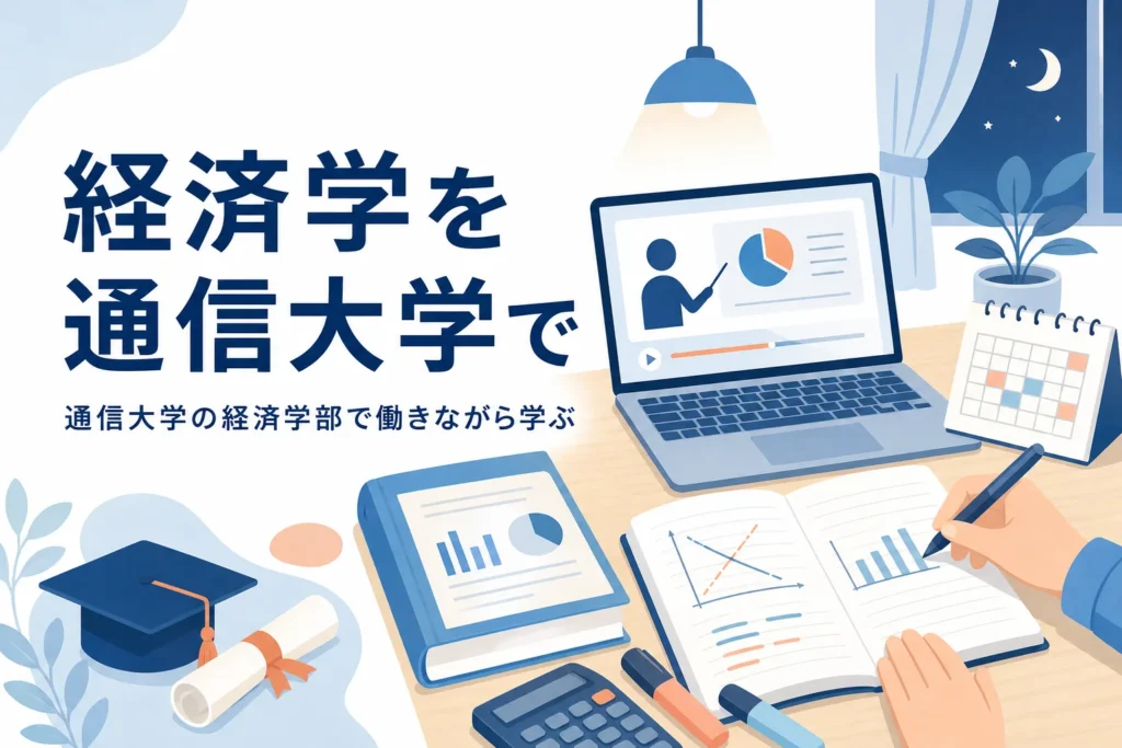 経済学部のある通信大学で、経済学や経営学を働きながら学ぶ方法を紹介する記事のアイキャッチ