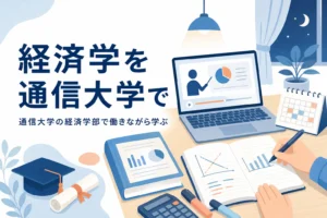 経済学部のある通信大学で、経済学や経営学を働きながら学ぶ方法を紹介する記事のアイキャッチ