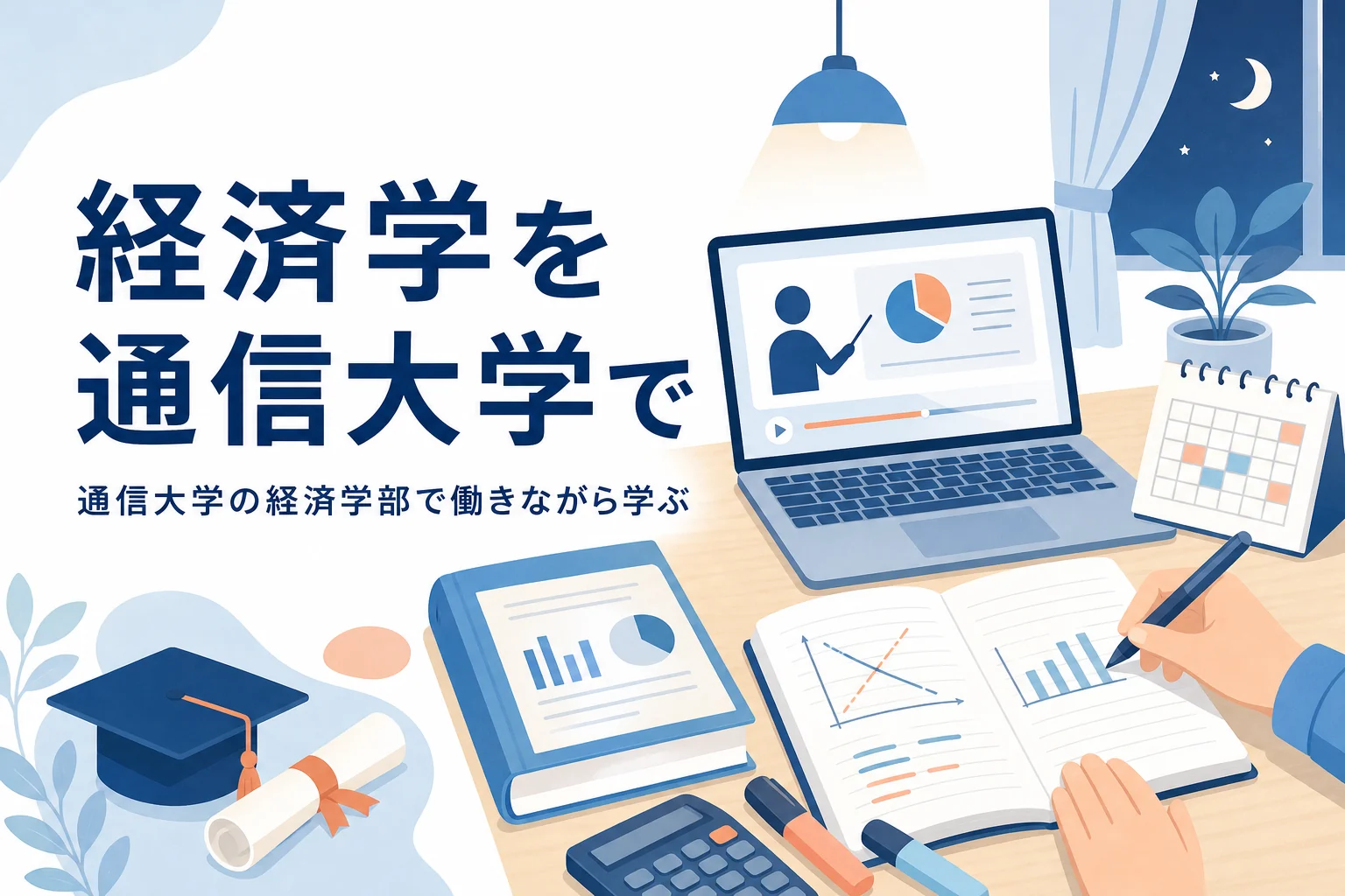 経済学部のある通信大学で、経済学や経営学を働きながら学ぶ方法を紹介する記事のアイキャッチ