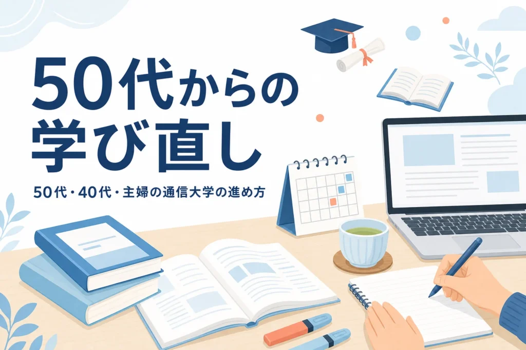 50代・40代や主婦の方が通信大学で学び直す時の進め方を紹介する記事のアイキャッチ