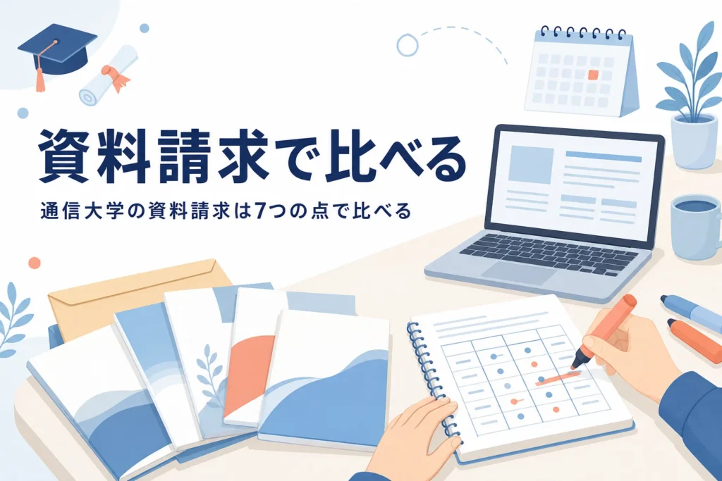 通信大学の資料請求で、取り寄せた資料を7つの点で比べる方法を紹介する記事のアイキャッチ