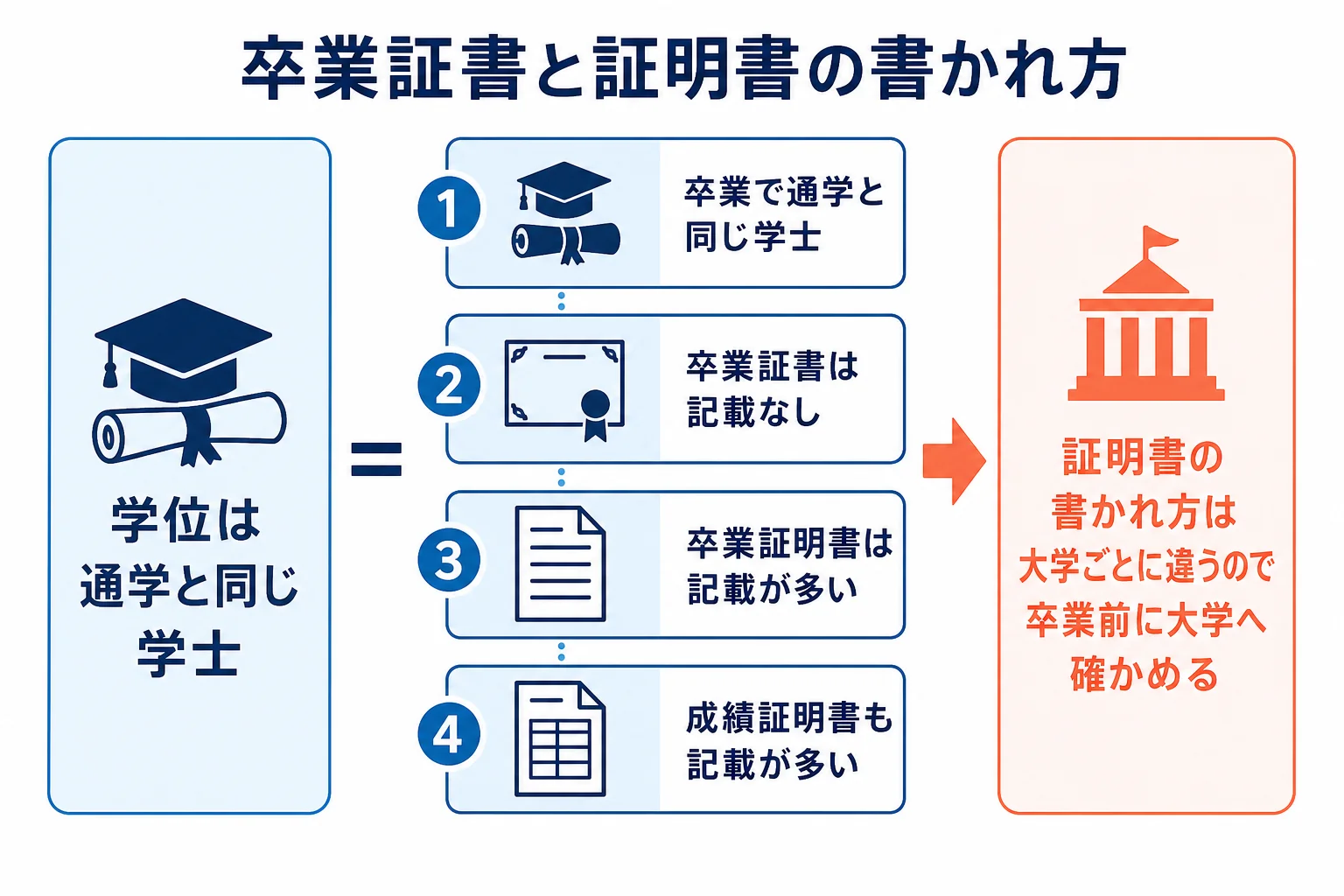 卒業証書と卒業証明書・成績証明書で、通信教育課程と書かれるかどうかが大学によって違うことを示した図解