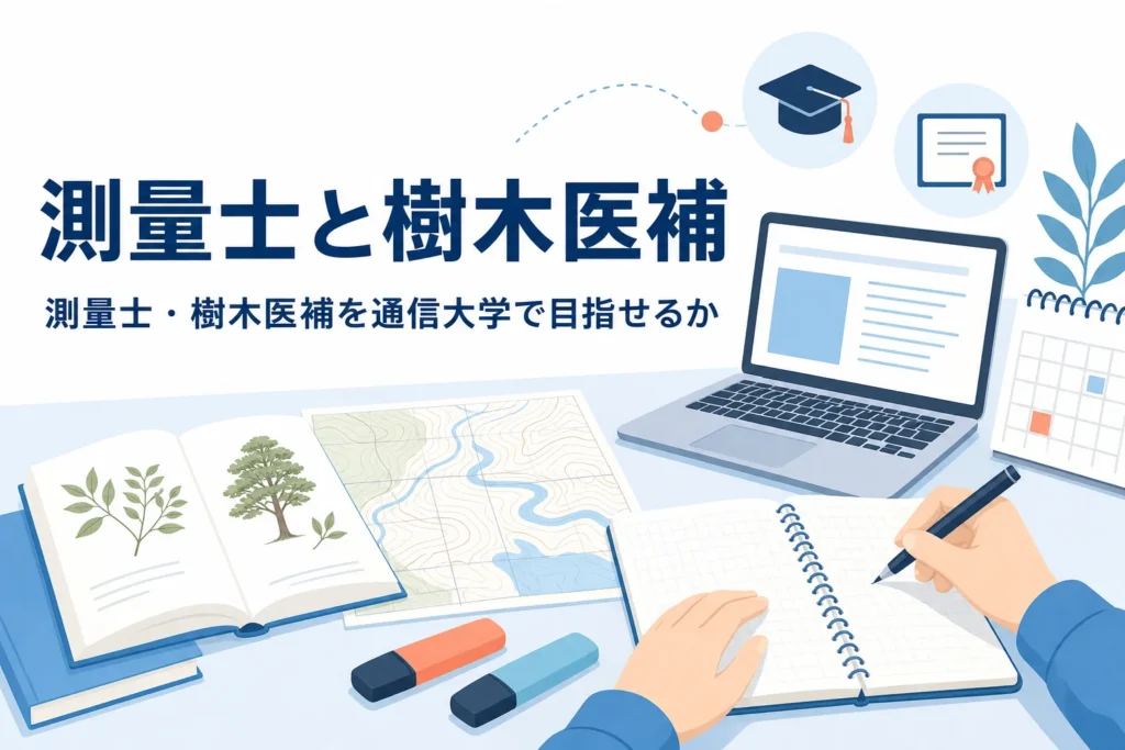 測量士・測量士補と樹木医補を通信大学で目指せるかを、公式な取り方から確かめる記事のアイキャッチ