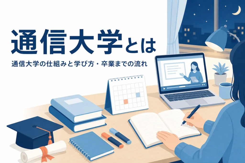 通信大学とは何かを、通学の大学との違い・学び方・卒業までの流れで紹介する記事のアイキャッチ